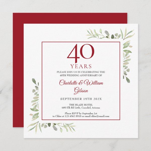 a red and white wedding card with the number forty on it's front, surrounded by greenery