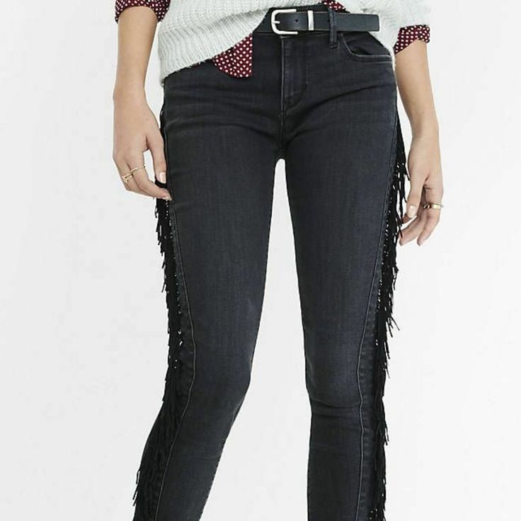 Soft Black Fringe Spills From The Sides Of These Black Denim Leggings, Which Also Sport An Inner Seam With A Flattering Curve. Shake It With A Graphic Tee And Sneakers For A Rock And Roll Retro Look. Original Price $98.00 Black Fringe Bottoms For Fall, Edgy Fitted Fringe Bottoms, Gold Jeans, Low Rise Leggings, Fringe Jeans, Shake It, Curvy Jeans, Express Jeans, Black Fringe