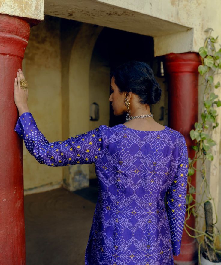 Featuring an iris purple printed kurta in dupion silk with a hand embroidered yoke. It is paired with printed pants in dupion silk. Kurta And Pants, Iris Purple, Dupion Silk, Printed Pants, Hand Embroidered, Silk, Purple, Pants, Trousers