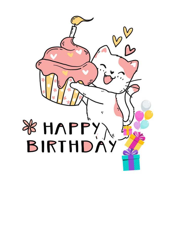 a happy birthday card with a cat holding a cupcake