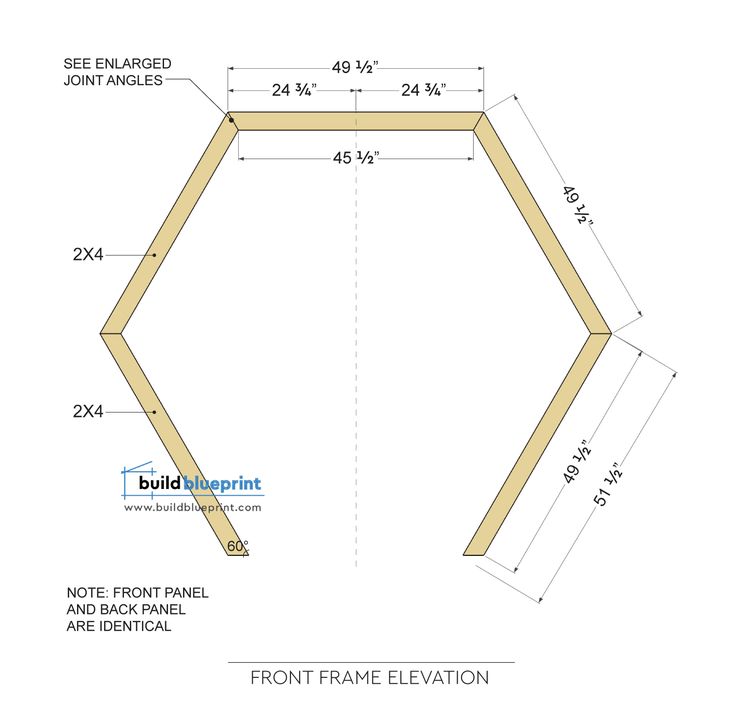 an octagonal frame with measurements for the front and back sides, shown in blueprint