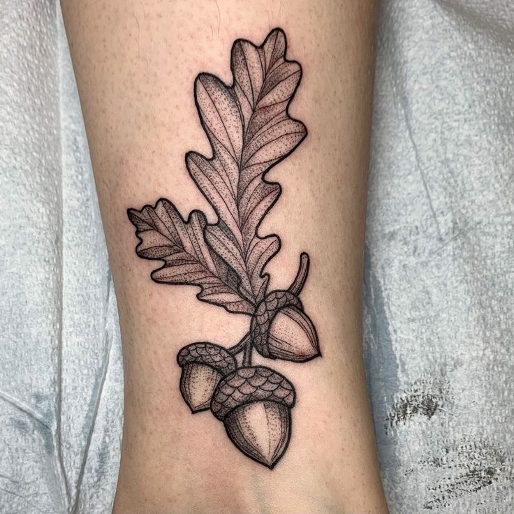 a black and white photo of an oak leaf tattoo on the ankle with acorns