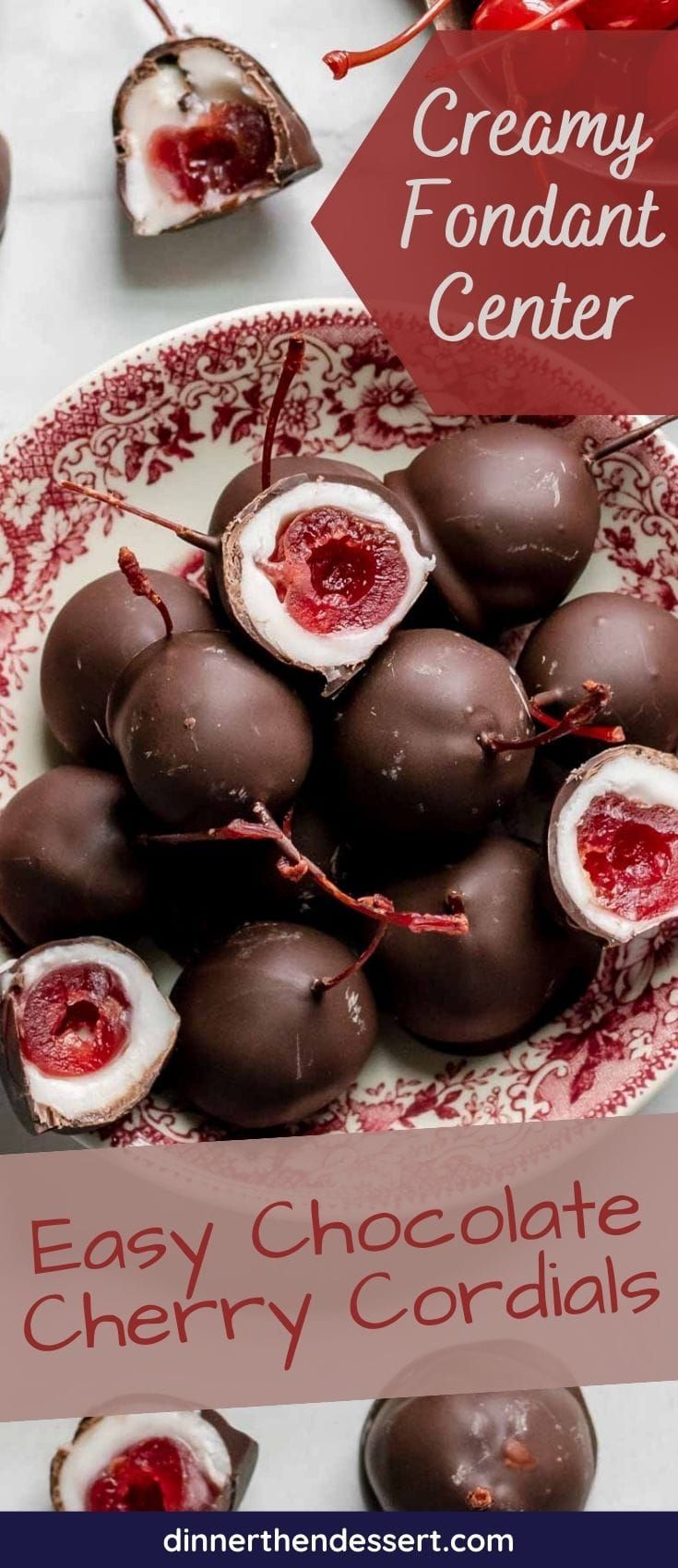 chocolate covered cherries on a plate with the words creamy fondant center above them