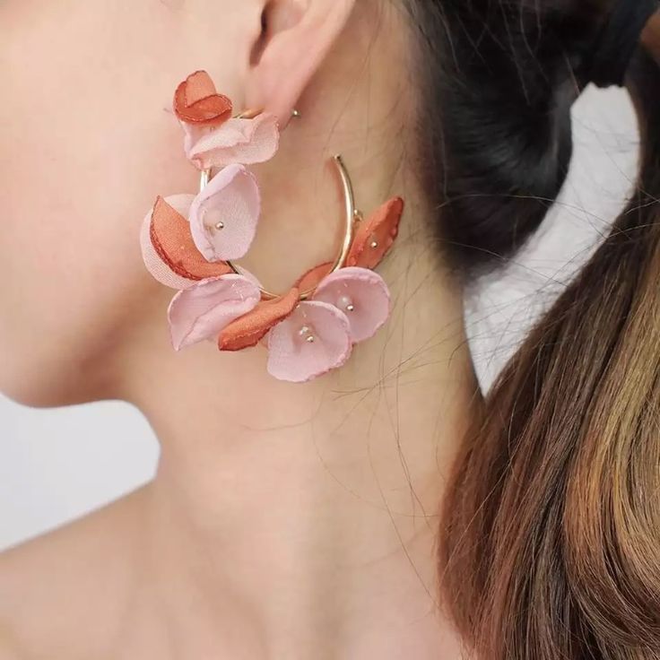 New! Pretty And Unique Gold Tone Alloy Hoops Adorned With Fabric Chiffon Petals Of Pink Shades. These Earrings Are Secured By Push Back Closures. 2” D. Petal Earrings, Pink Shades, Pink Chiffon, Pink Red, Pencil Drawings, Ear Cuff, Gold Tones, Chiffon, Jewelry Earrings