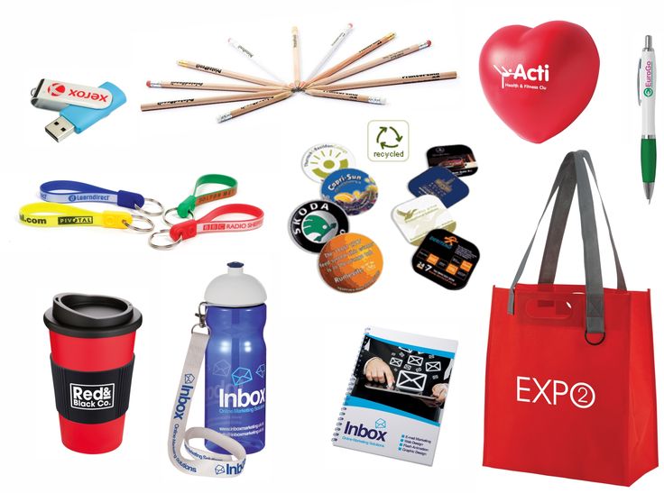 an assortment of promotional items displayed on a white background