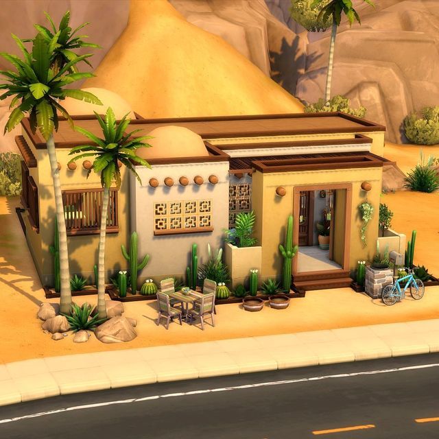 Sims 4 Eco Cc, Oasis House, Sims 4 Unique Builds, Oasis House Sims 4, Sims 4 Desert House Ideas, Oasis Springs House, Sims 4 Oasis Springs House Ideas, Sims 4 Oasis Springs House Layout, Oasis Springs