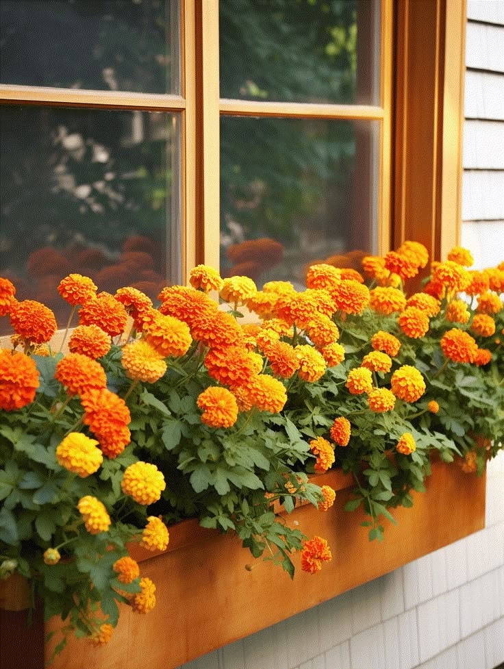 orange and yellow flowers in a window box