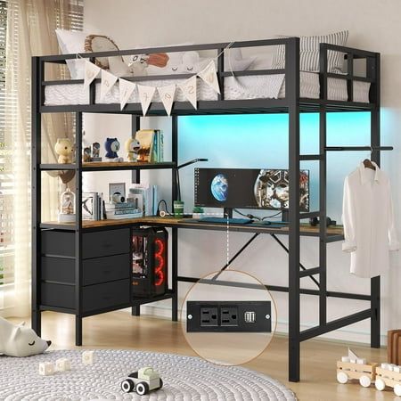 Specifications: Color: Black Material: Engineered Wood+Metal Twin Size: 77.95"L x 42.32"W x 70.87"H Feature: The loft bed can be configured as two separate space:Top bunk for rest and 59.87" space under the top bunk with L-Shaped desk ,3-tier storage shelves and 3 fabric drawers provides more personal space for work or leisure.The twin top bunk bed frame is a good choice for families with limited space. Twin loft bed with secured metal slats, the ladder attaches to the bed and the top bed includ Metal Loft Bed, Loft Bed Frame, Fabric Drawers, L Shaped Desk, Charging Station, Storage Shelves, Bed Frame, Loft Bed, Led Lights