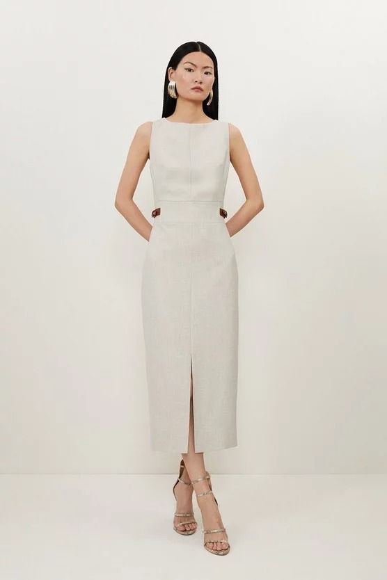 Melange Tailored Pu Tab Detail Midi Dress | Karen Millen Elegant Belted Maxi Dress For Office, Classic Fitted Dress With Side Slits, Elegant Maxi Dress With Side Slits For Work, Fitted Maxi Dress With Side Slits For Work, Classic Tailored Midi Dress, Classic Fitted Maxi Dress For Office, Elegant Midi Dress With Structured Boning For Work, Fitted Sheath Maxi Dress For Work, Elegant Midi Dress With Side Slits For Work