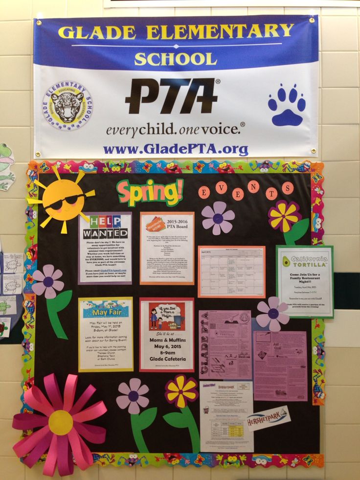 the bulletin board is decorated with colorful flowers