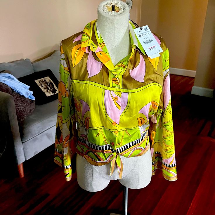 Multi Color Shirt From Zara Brand New Summer Printed Gold Shirt, Summer Gold Printed Shirt, Yellow Long Sleeve Vacation Shirt, Multicolor Collared Top For Spring, Yellow V-neck Summer Shirt, Gold Long Sleeve Tops For Spring, Green Graphic Print Blouse For Spring, Trendy Printed Yellow Blouse, Trendy Yellow Printed Blouse