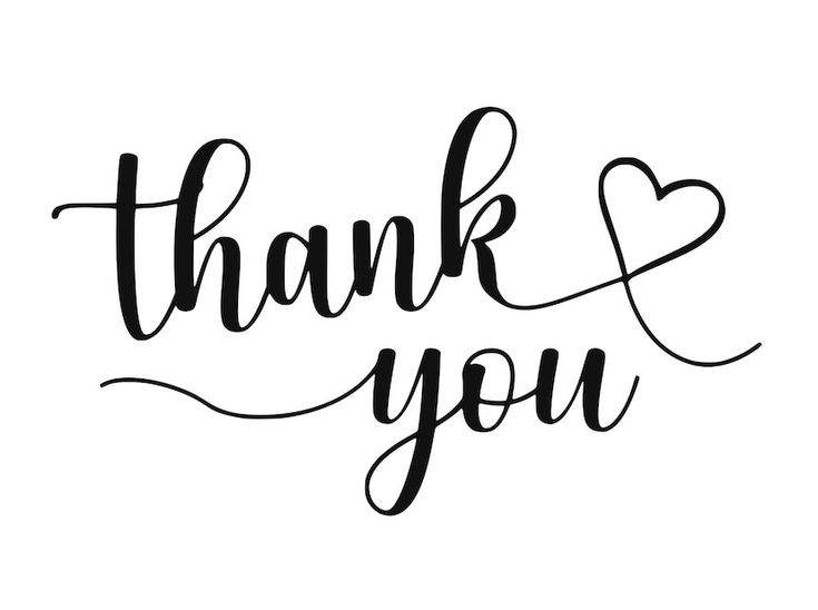 the word thank you written in black ink on a white background with heart shaped letters