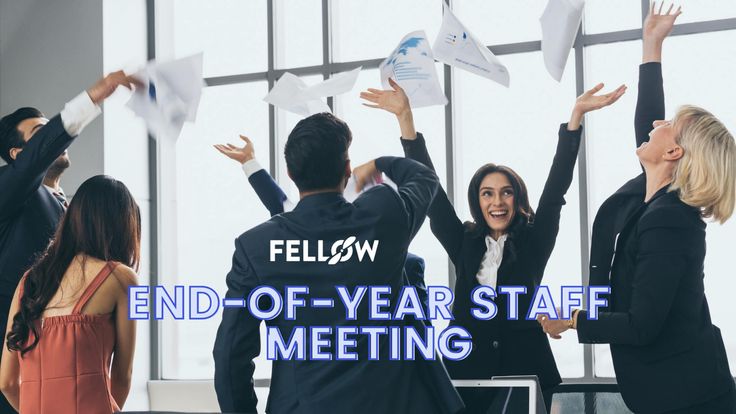 people in suits and ties are holding up paper airplanes with the words end - of - year staff meeting