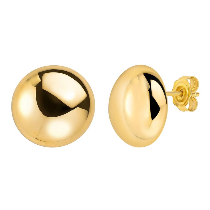 Exceptional Quality and DesignThese stunning 14 karat yellow gold domed round stud earrings add a touch of shine to any outfit. Perfect for showcasing your sophisticated sense of style, they also make a thoughtful gift for birthdays, anniversaries, holidays, or other special occasions. Crafted in lustrous 14K gold, these earrings blend classic design with modern trends, making them a versatile addition to your everyday wear.Shimmering FinishThe earrings feature a dazzling high-polished finish that catches the light with every movement, ensuring a noticeable impact from every angle. The fine craftsmanship adds to the earrings' wearability, offering both comfort and durability. These earrings are designed to last, ensuring that you'll be able to enjoy them for years to come.Secure and Comfor Elegant Rounded Tarnish Resistant Earrings, Modern Yellow Gold Round Earrings, Gold Polished Finish Earrings, Gold Rounded Earrings With Polished Finish, Formal Round Polished Earrings, Formal Polished Sphere Earrings, Classic Round Tarnish Resistant Earrings, Classic Round Tarnish-resistant Earrings, Gold Round Earrings With Shiny Finish