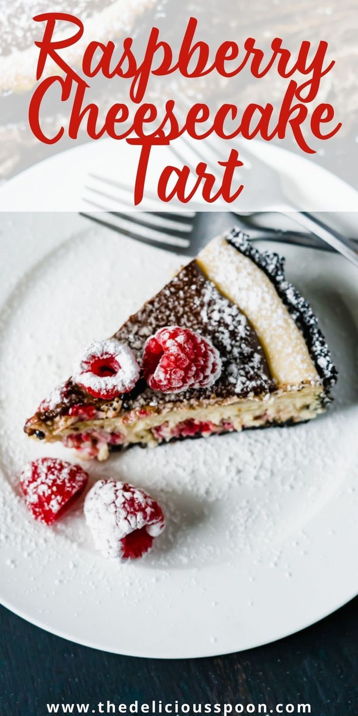 a slice of raspberry cheesecake tart on a white plate