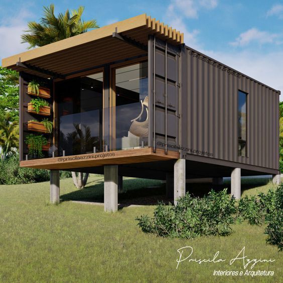 an artist's rendering of a house made out of shipping containers in the grass