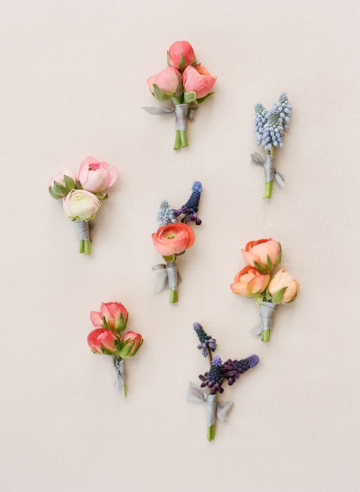 six different colored flowers are arranged on a white surface