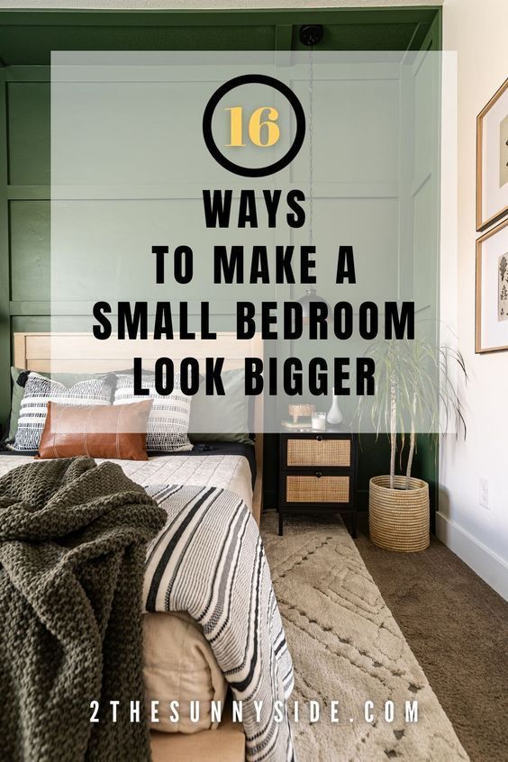 a small bedroom with green walls and pictures on the wall above it that says 16 ways to make a small bedroom look bigger