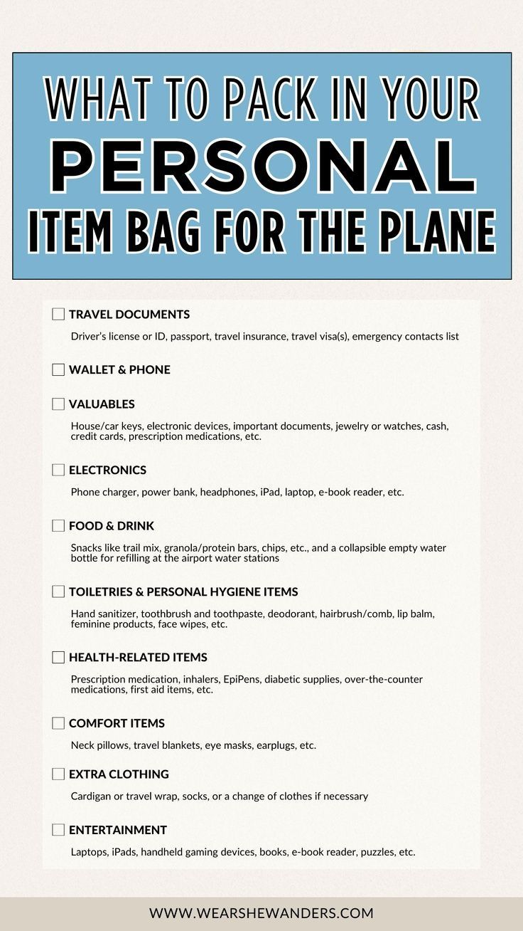 what to pack in your personal item bag for the plane - travel packing checklist