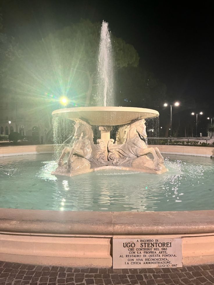 a fountain in the middle of a park at night