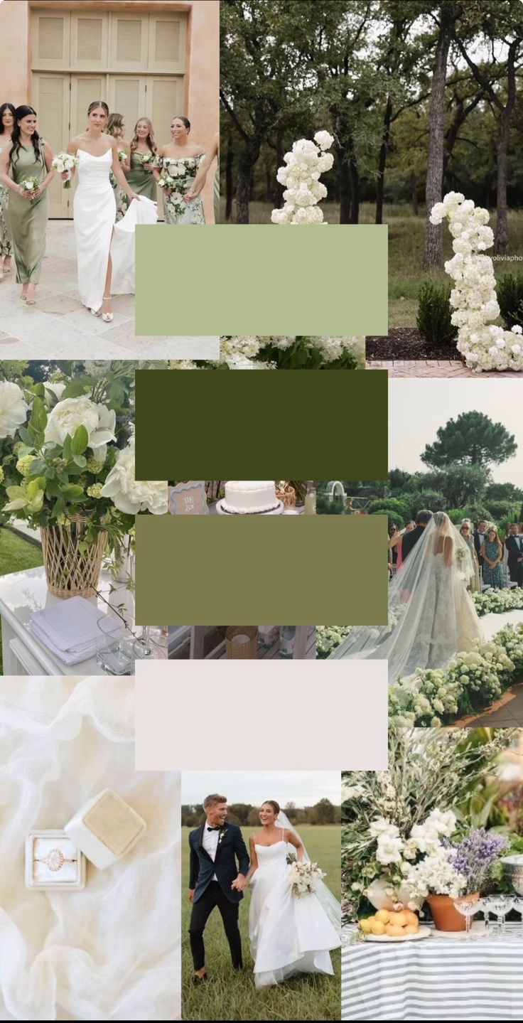 a collage of wedding photos with flowers and greenery