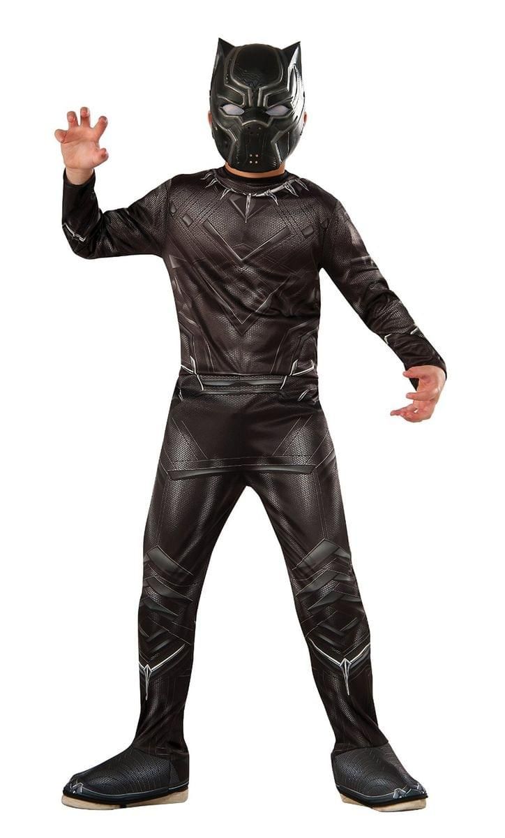 a boy in a black panther costume standing with his hands out and wearing a cat mask