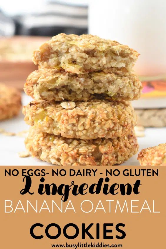 three cookies stacked on top of each other with the words no eggs no dairy no gluten ingredient banana oatmeal cookies