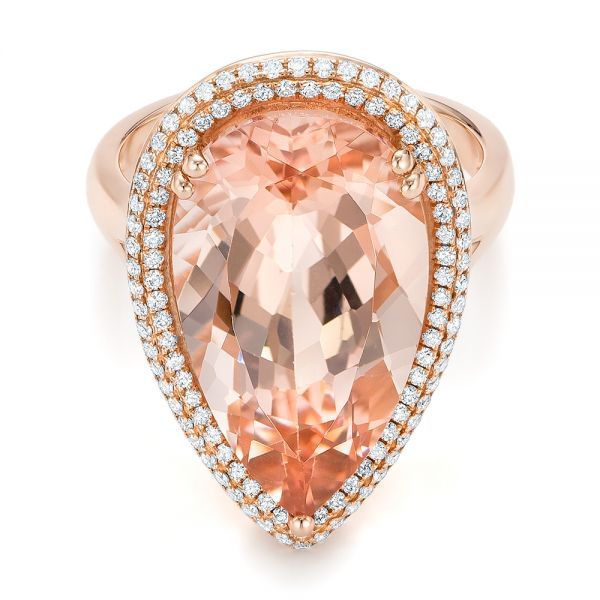 101780 14k Rose Gold Ring   Morganite - 11.01 ctw   Diamonds - .42 ctw   Clarity: I1-I2 - Color: G-H. This ring features a pear shaped morganite surrounded by a double halo of split prong set diamonds and the basket is accented with filigree. Elegant Topaz Ring With Pave Setting For Formal Occasions, Formal Morganite Diamond Ring, Formal Morganite Diamond Ring Fine Jewelry, Formal Morganite Diamond Ring In Fine Jewelry Style, Formal Topaz Ring With Diamond Pave Setting, Formal Rose Gold Topaz Ring With Diamond Accents, Formal Topaz Ring With Pave Diamond Setting, Formal Morganite Diamond Ring With Accents, Formal Morganite Diamond Ring With Diamond Accents