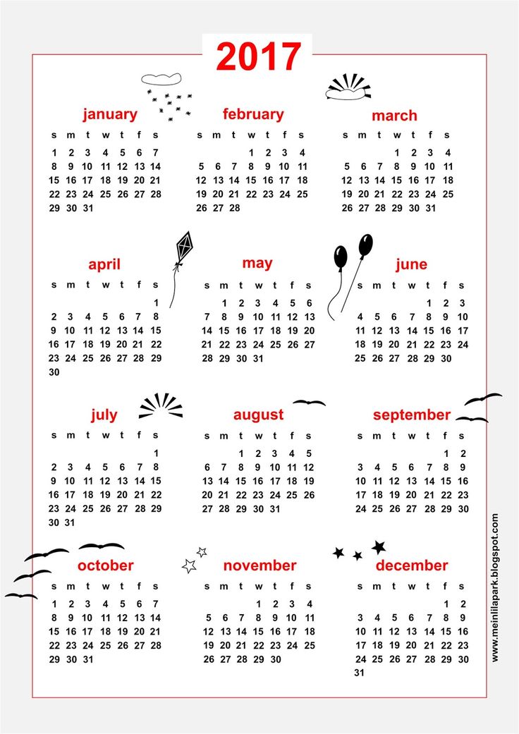 a calendar for the year with balloons and stars on it, in red and white