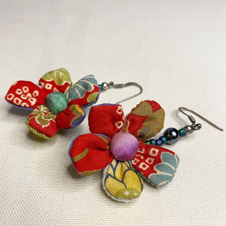 Textile Earrings Handmade, Sewn Earrings, Flower-shaped Earrings With French Hook As Gift, Silk Earrings, Flower Shaped Earrings With French Hook For Gift, Unique Adjustable Flower Earrings, Unique Flower Shaped Single Earring, Unique Single Flower Earring, Traditional Flower-shaped Earrings With Ear Wire