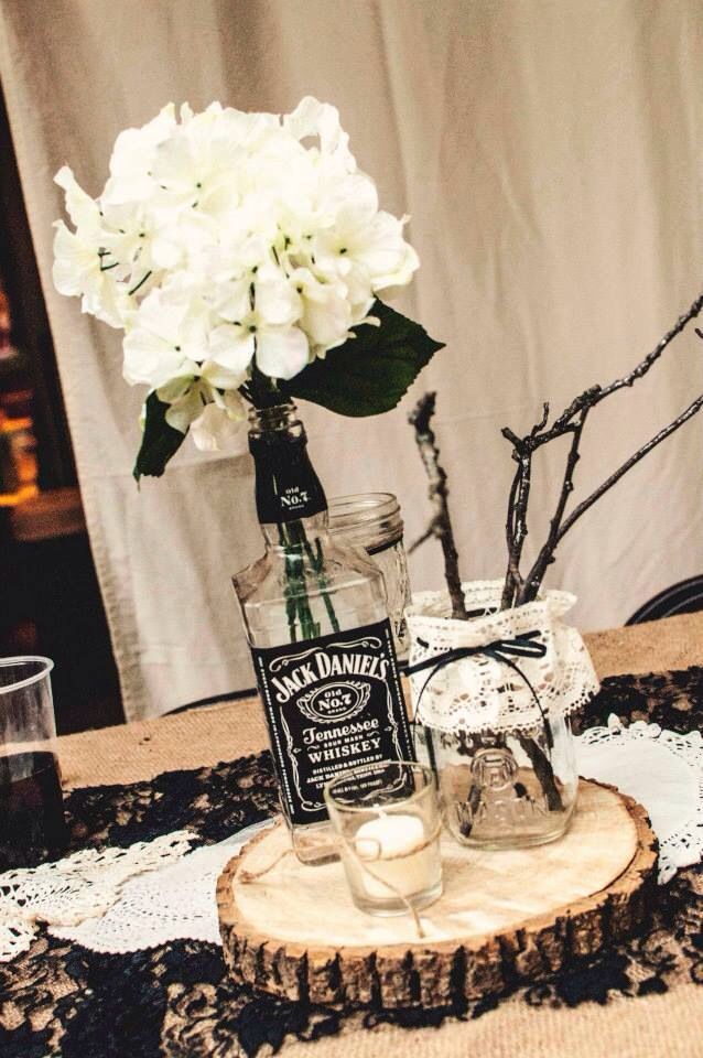 Jack Daniels Hydrangeas Rustic wedding   -MJD Jack Daniels Table Centerpieces, Aged To Perfection Centerpieces, Jack Daniels Wedding, Festa Jack Daniels, Jack Daniels Party, Biker Wedding, Jack Daniels Bottle, Rock Wedding, Whiskey Gifts