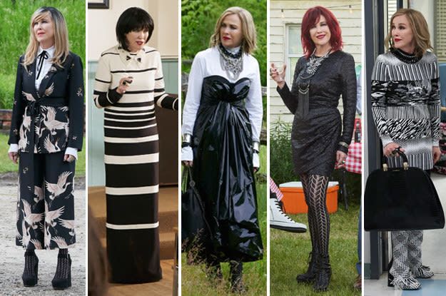 four different women dressed in black and white outfits