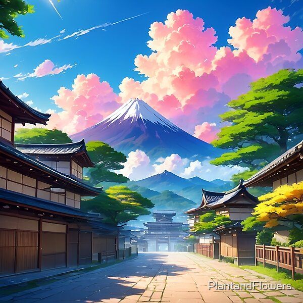 an anime scene with mountains and trees in the background, there is a street lined with buildings