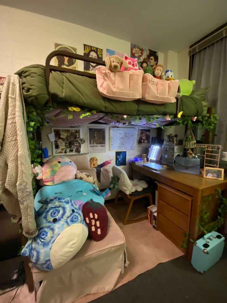 a bedroom with a bunk bed and desk