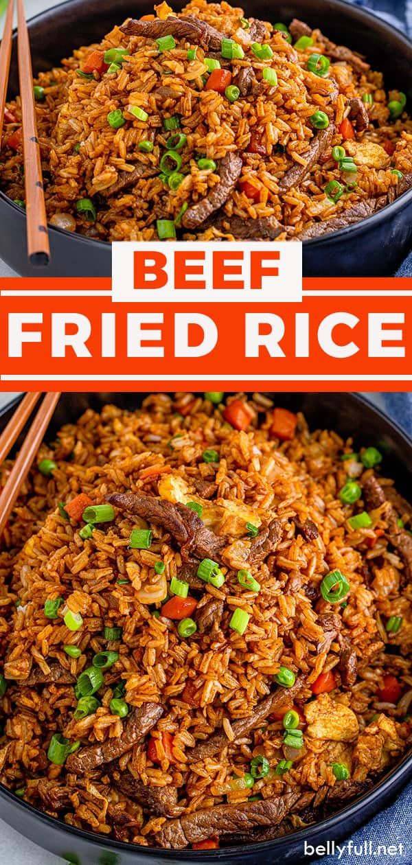 beef fried rice in two pans with chopsticks on the side and text overlay