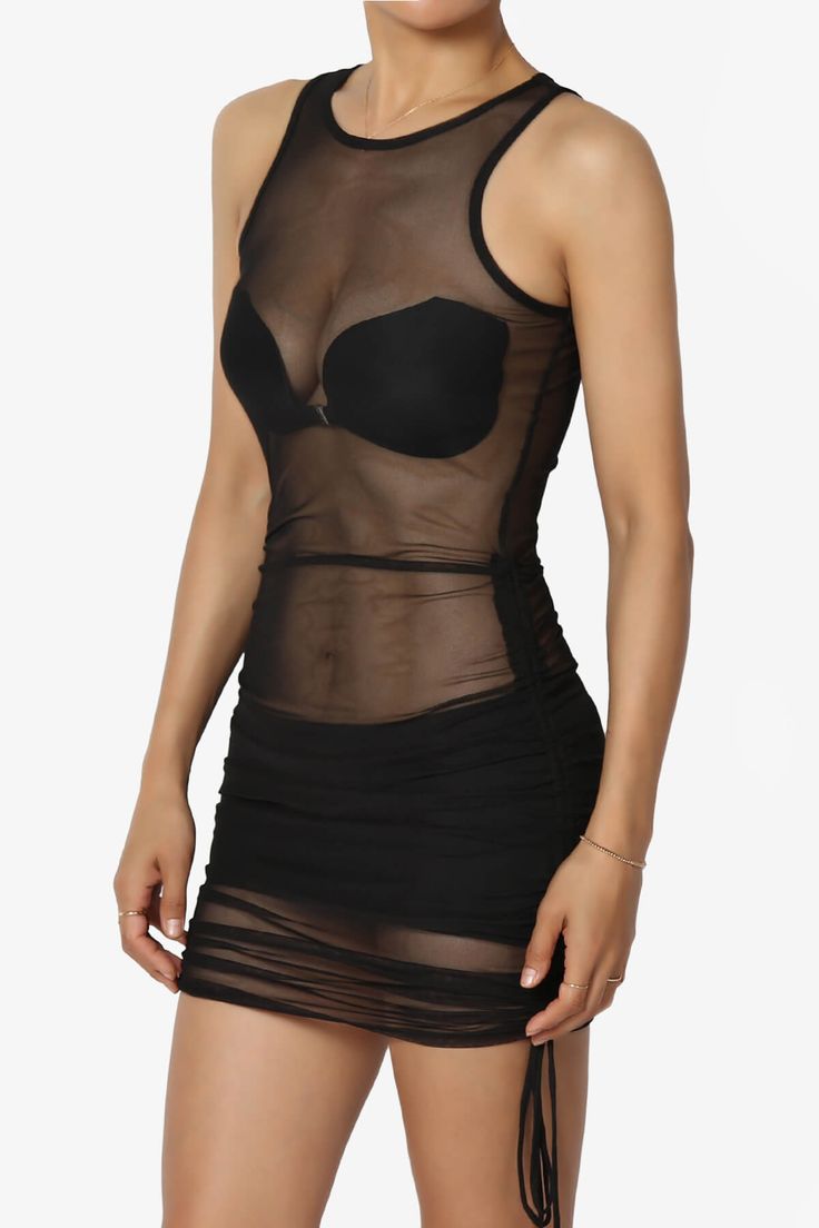 Elevate your party wardrobe with this sexy sheer mesh bodycon mini dress.Side ruching with adjustable length adds versatility, making it perfect for night outs, cocktails, and casual weekend wear.Lightweight and timeless, perfect for spring and summer looks.Sexy Mesh Mini Dress: Sleeveless styling for night outs, parties, and special occasions or poolside cover-up.Drawstring Side Ruching: Customize the length(Mini to Mid-thigh length) for a flattering, stylish fit.Lightweight & Breathable: Great Fitted Mesh Dress With Mesh Sleeves For Night Out, Chic Stretch Mesh Dress For Night Out, Fitted Ruched Mesh Dress For Night Out, Stretch Mini Mesh Dress For Summer, Summer Stretch Mesh Mini Dress, Summer Bodycon Mesh Dress For Party, Flirty Mini Dress With Built-in Bra For Club, Chic Party Mesh Mini Dress, Summer Party Bodycon Mesh Dress