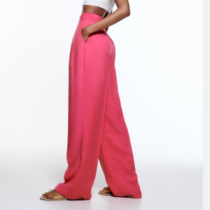 Questions? Leave A Comment Below! High-waisted Wide Leg Pants, Summer High-waisted Dress Pants With Pockets, Chic Relaxed Fit Pink Pants, Elegant Spring Pants With Pockets, Elegant Pants With Pockets For Spring, Zara Loose Fit Wide Leg Trousers, Elegant Pink Bottoms With Elastic Waistband, Elegant Pink Stretch Wide Leg Pants, Elegant Pink Pants With Elastic Waistband