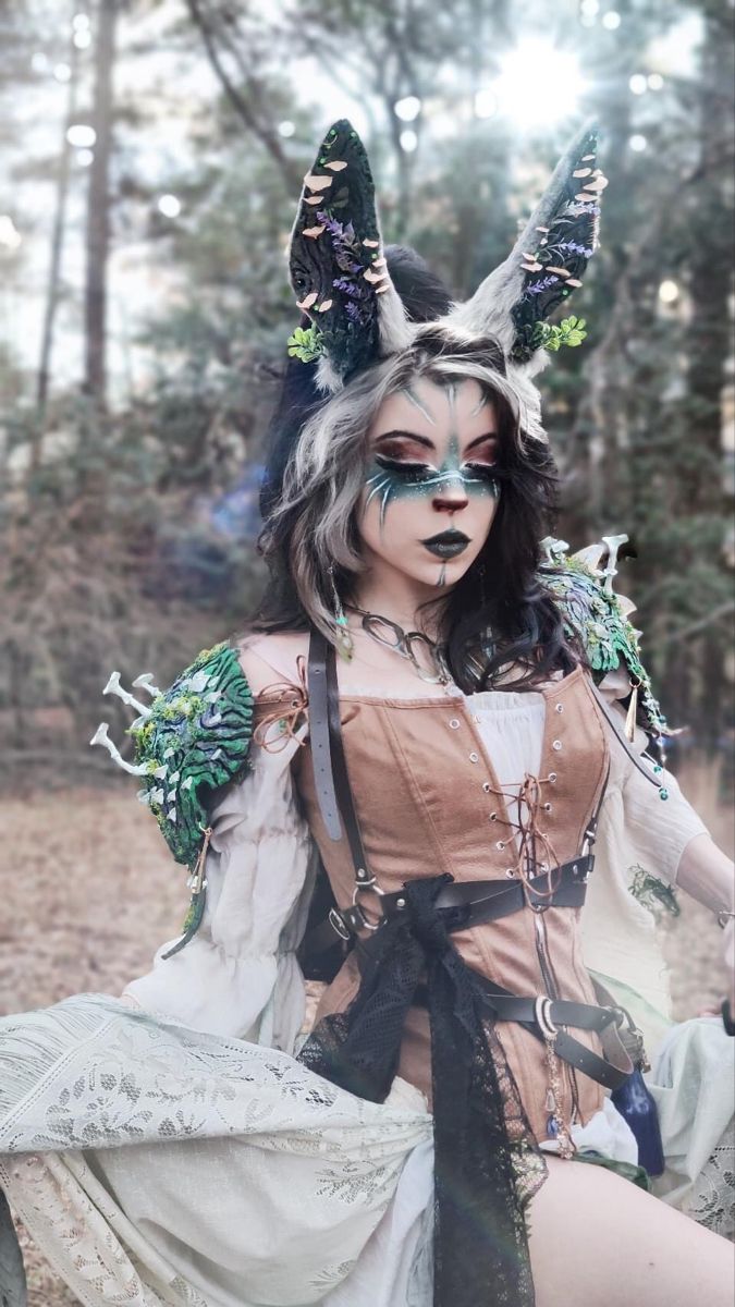 Fantasy Creature Costume, Ren Faire Animal Costume, Deer Ren Faire Outfit, Jackalope Cosplay, Tabaxi Cosplay, Mythical Cosplay, Forest Animal Costume, Snow Goblin, Deer Cosplay