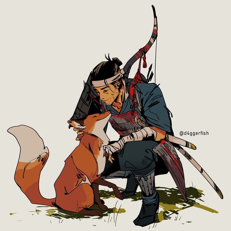 a man kneeling down next to a fox and holding an arrow in one hand while another person holds the other