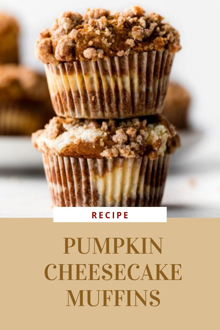 three pumpkin cheesecake muffins stacked on top of each other with the title recipe