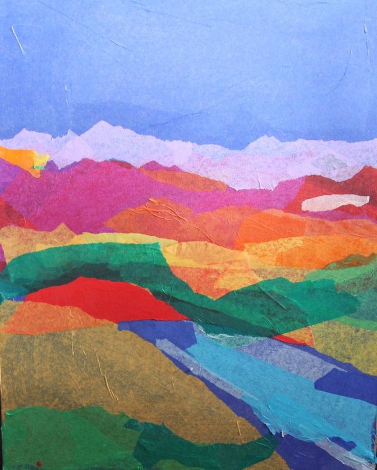 an abstract painting with mountains and blue sky in the background