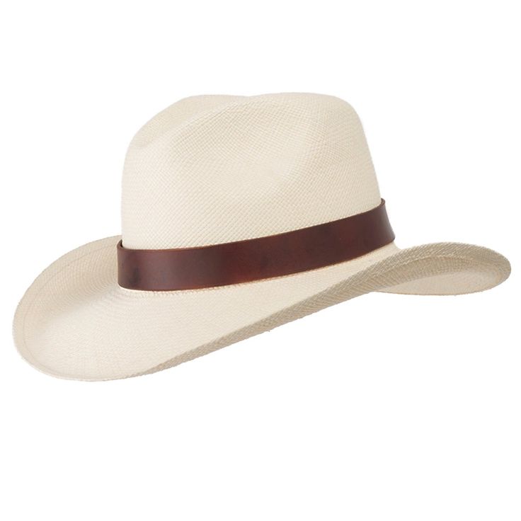 Brown Elegant Brimmed Hat Bands For Ranch, Classic Brown Panama Hat With Flat Crown, Classic Unlined Panama Fedora Hat, Classic Brown Sun Hat For Rodeo, Classic Leather Hats For Country Events, Formal Wide Brim Hat In Natural Color, Natural Color Western Fedora, Elegant Wide Brim Panama Hat For Country Events, Classic Fedora With Curved Brim In Natural Color