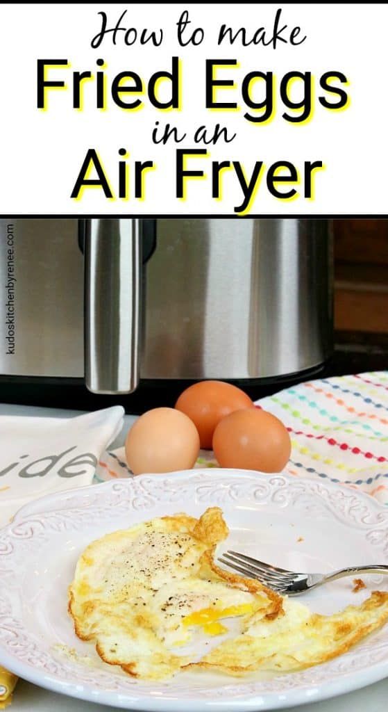 fried eggs in an air fryer on a white plate with fork and knife next to it