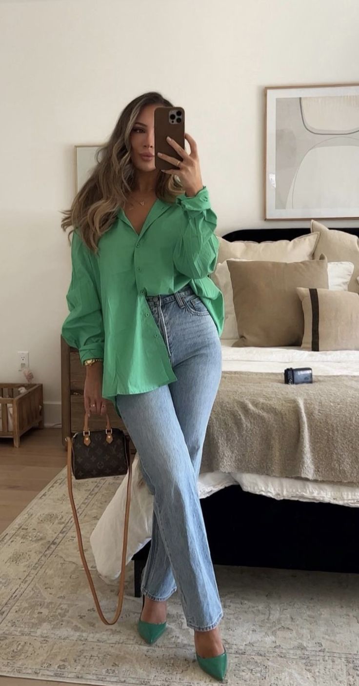 Jeans And Silk Top Outfit, Restaurant Wear Outfits, Candle Light Dinner Outfit For Women, Outfits For Green Shoes, Green Shirt Jeans Outfit, Green Casual Outfit For Women, Jeans And Gym Shoes Outfits, Work Outfits With Green Pants, Classy Bootcut Jeans Outfit