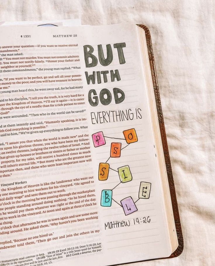 an open bible with the words but with god everything is jesus written in multicolored blocks