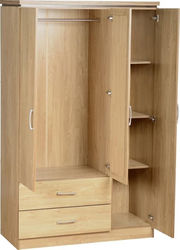 an open wooden wardrobe with drawers and shelves