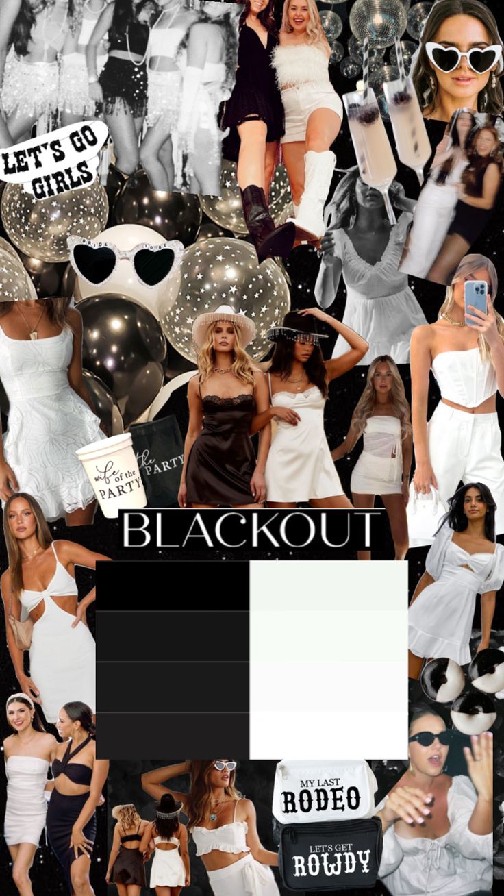 black out collage with white dresses and balloons