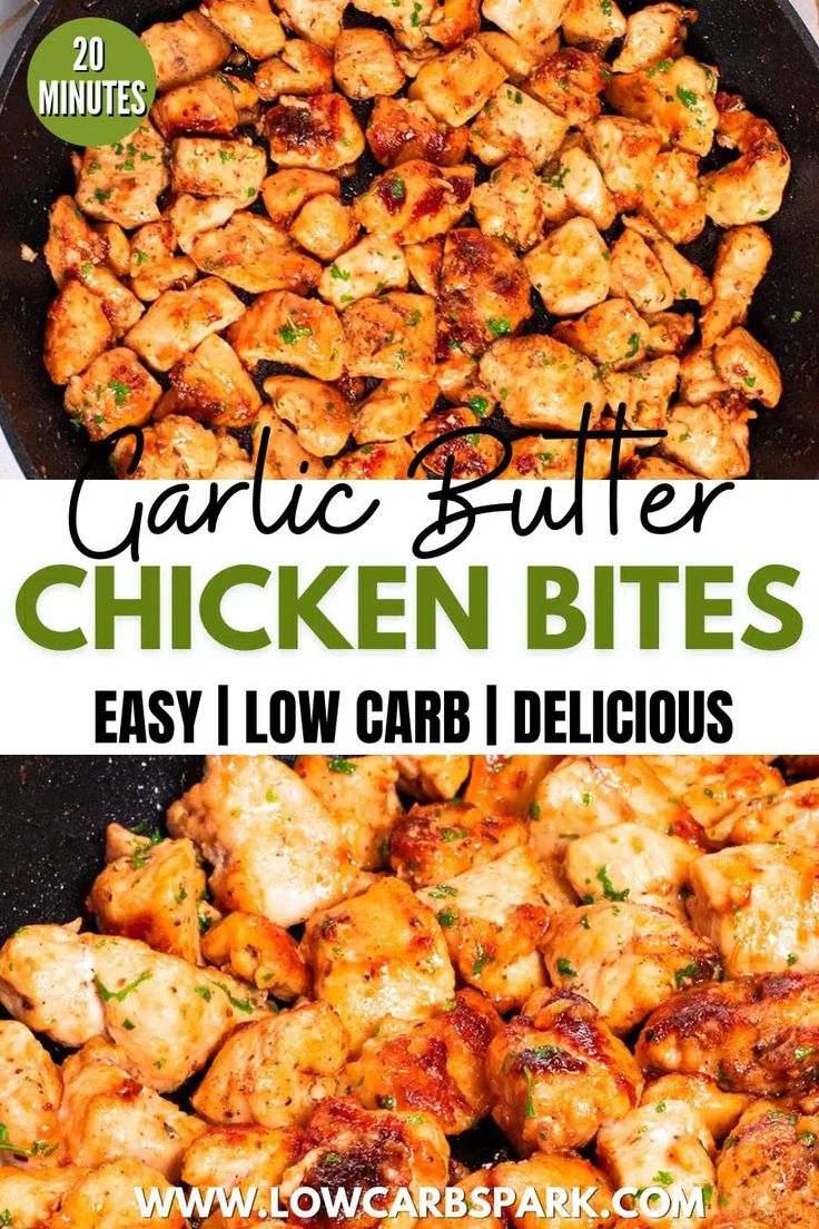 garlic butter chicken bites in a skillet with text overlay that reads garlic butter chicken bites easy low carb i delicious