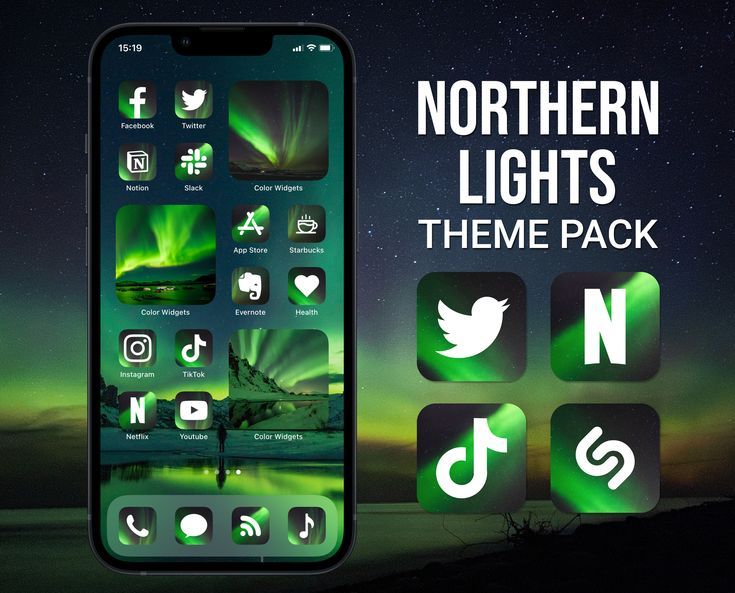 the northern lights theme pack is displayed on an iphone's screen and features icons