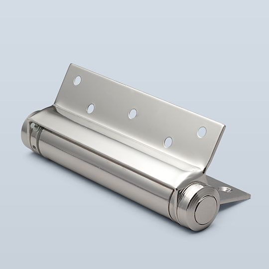 a stainless steel door hinge with holes on the front and back side, set against a light blue background